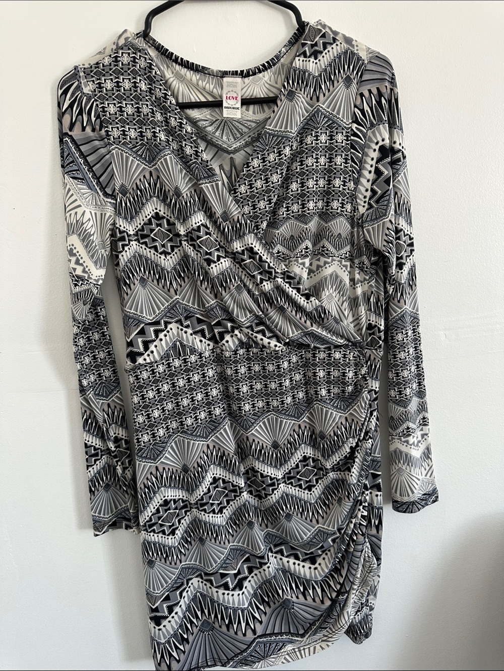 Love By Design Black & Gray Geometric Wrap Dress